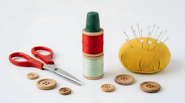 Sewing supplies including red and green thread spools scissors wooden buttons and a pincushion isolated on white.