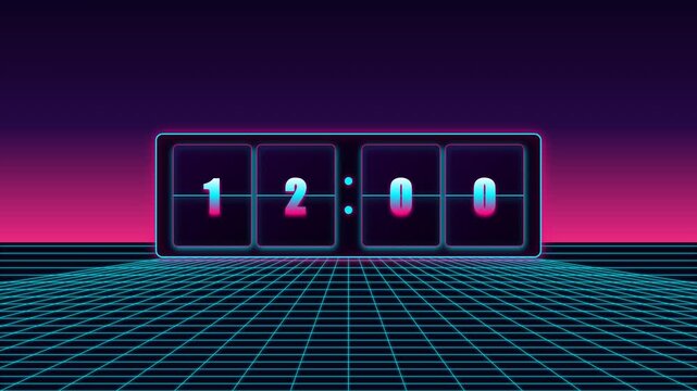Digital flip clock animation displaying changing time against vibrant retro neon grid landscape for futuristic cinematic motion graphic design project