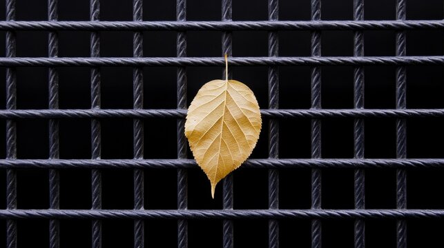 A single yellow leaf hangs from a black metal fence.