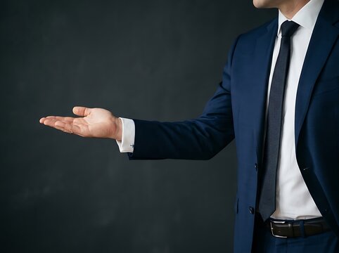 A man in tailored navy suit extending an open palm presenting gesture next to dark background space.