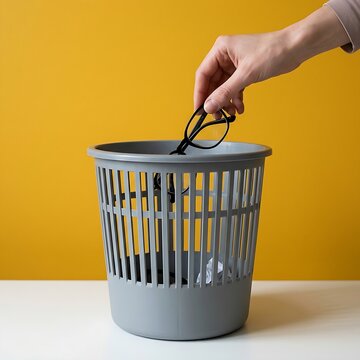 A hand throwing away black eyeglasses into a gray trash basket representing improved sight vision.
