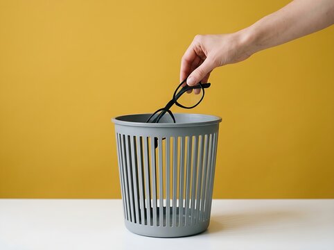 Person dropping black frame glasses into a small gray trash can on white table yellow backdrop.