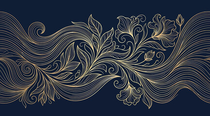 Elegant gold floral scroll border on dark blue background © Saharia