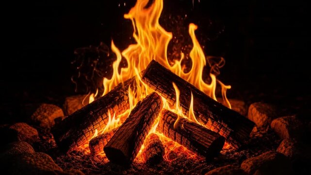 Bright warm campfire burning with glowing logs and flames in dark outdoor setting at night