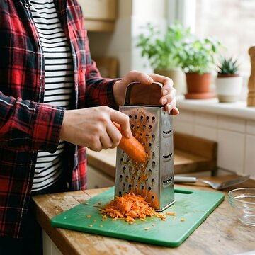 Hands grating fresh orange carrot using a stainless steel box grater on green cutting board in kitchen.