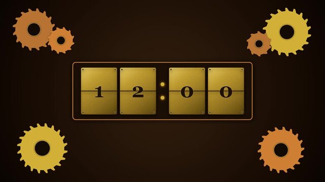 Digital clock flip animation displaying changing time with industrial gear background design elements for modern motion graphic video project clips