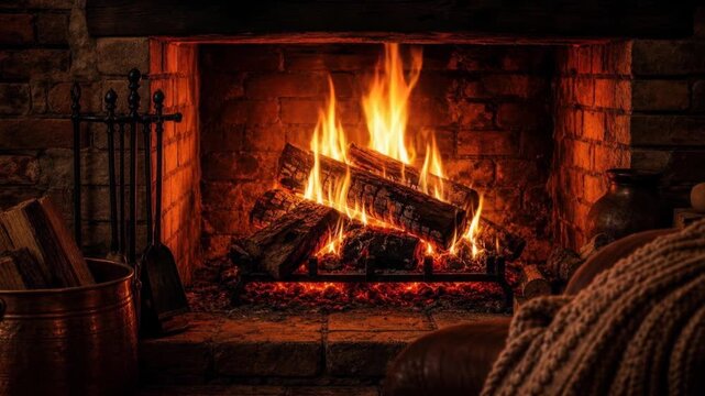 Cozy warm fireplace with burning logs in rustic stone hearth for relaxing winter ambiance