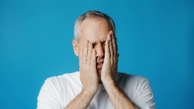 Man displays range of emotions against blue background with cinematic motion and selective focus