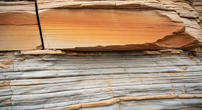 Layered sedimentary rock formation with orange and grey mineral stripes