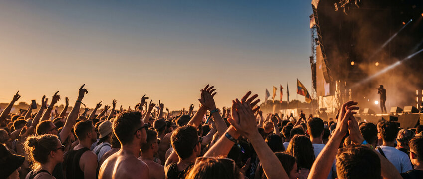 Crowd waving hands beside main stage during sunset performance. Concept of peak excitement for ticket sales and music event advertising.