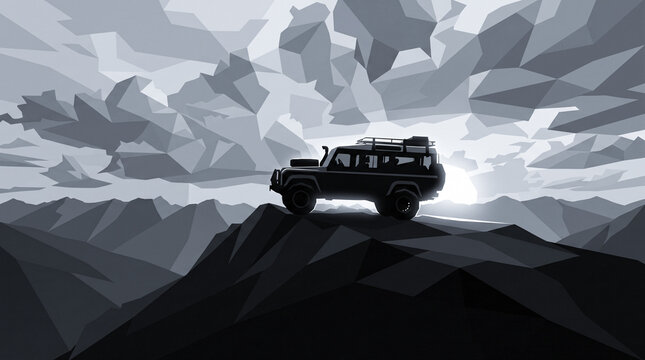 Geometric low poly style off road 4x4 vehicle on mountain peak at sunset illustration