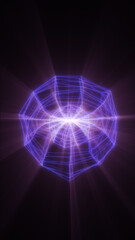 Obraz premium Glowing purple wireframe web surrounds a brilliant central flare, creating a futuristic abstract visualization of energy, geometry, and digital connectivity.