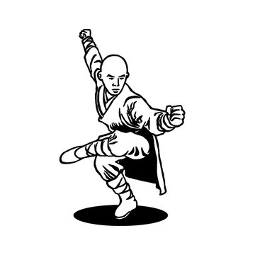 illustration of kungfu fighter in single leg low stance. black and white ink style