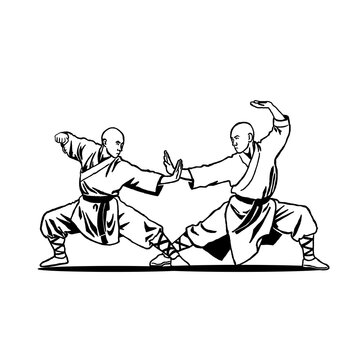 2 kungfu shaolin fighter in low fight stance ready to fight. black and white ink style