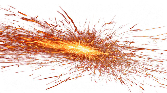 Fast orange particle burst streaking horizontally across white background