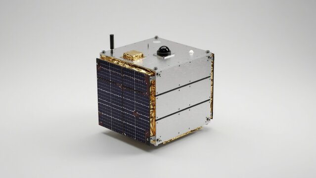 Cubesat, Miniature Satellite with Solar Panels and Antenna, Technological Innovation Concept