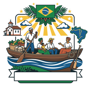 Colorful Brazilian cultural emblem depicting community activities and heritage