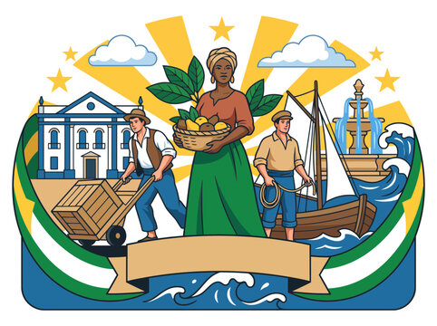 Cultural heritage emblem of Brazil with historical figures and agriculture activities