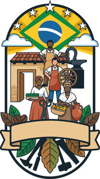 Cultural emblem representing Brazil's national identity and heritage with historical heroes