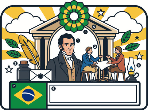 Brazil Independence Day flat vector emblem with historical figures and national symbols