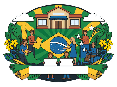 Brazil Independence Day vector emblem with national flag and community activities