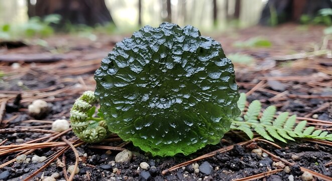Textured green moldavite stone in forest floor setting with shallow depth of field