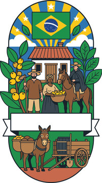 Brazilian cultural heritage emblem with historical figures and farm activities