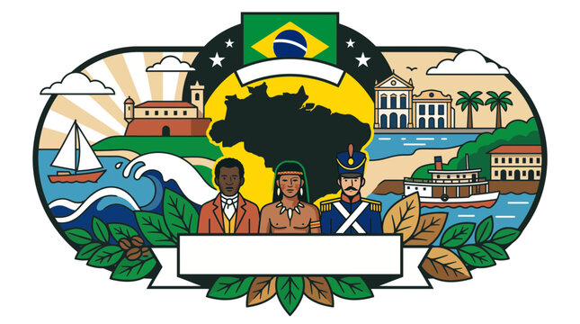Brazil independence celebration vector with national symbols and historical figures