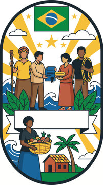 Brazil Independence Day vector emblem with national flag and cultural heritage symbols