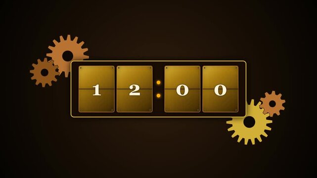 Mechanical flip clock counting hours with rotating gears background in an engaging digital motion animation for modern timekeeping projects today