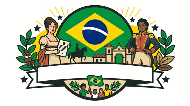 Brazil Independence Day emblem featuring cultural heritage and historical figures