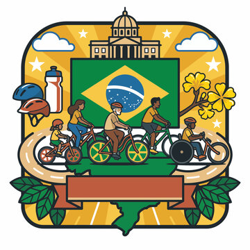 Brazil Independence Day vector emblem featuring family cycling with the national flag