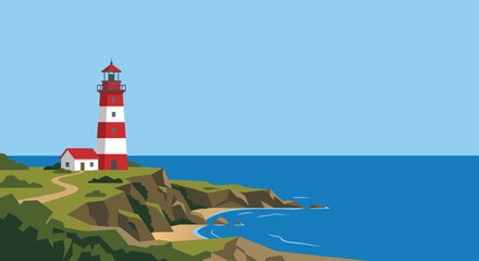 Fototapeta premium Scenic Landscape Featuring a Classic Red and White Lighthouse Standing on a Rocky Coastal Cliff Overlooking a Calm Blue Ocean Under Clear Skies
