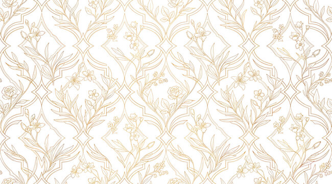 Seamless geometric pattern with golden floral elements and diamond grid, elegant vintage ornament