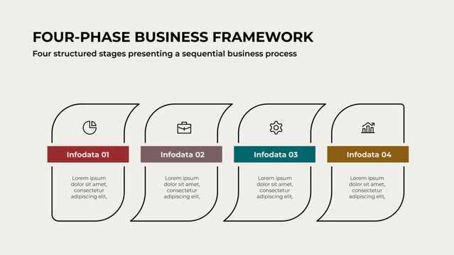 Four Phase Line Outline Framework Infographic with Curved Panels for Strategic Planning and Business Process Presentation on Light Background