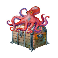 Watercolor red octopus sitting on a wooden pirate treasure chest sea adventure illustration © Natali_Mias