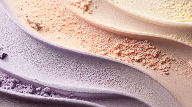 Macro studio photograph of finely textured cosmetic powder arranged in soft sweeping layers across a flat surface, subtle transition from pale peach to lavender to warm ivory