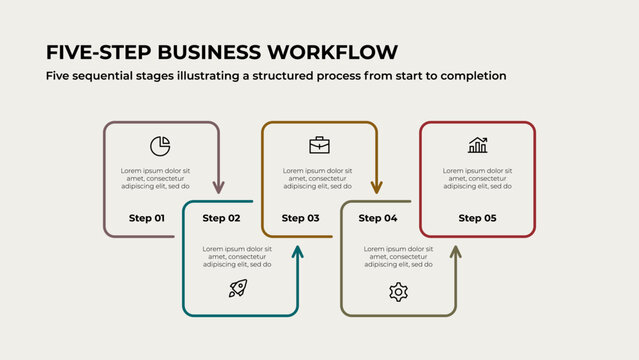 Five Step Line Outline Workflow Infographic with Connected Arrow Path for Sequential Project Planning and Business Process on Light Background