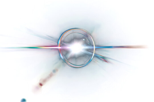 Circular rainbow optical lens flare orb with brilliant white central light