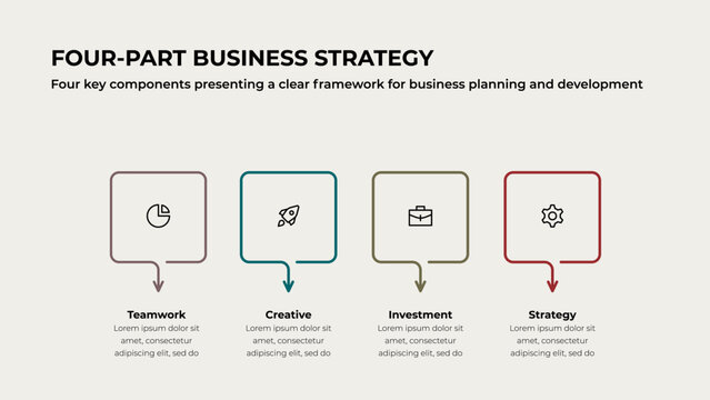 Four Part Outline Box Infographic with Downward Arrows for Business Planning, Team Coordination and Strategic Development on Light Background