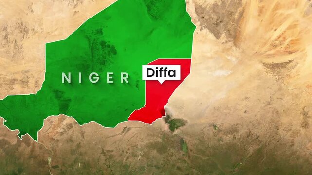 Niger region map highlighting Diffa with satellite imagery motion video