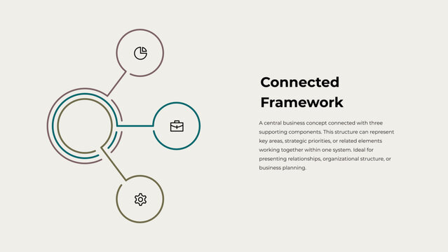 Three Part Outline Connected Circle Infographic for Business Strategy, Organizational Structure and Relationship Planning on Light Background