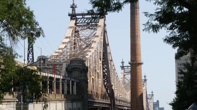 New York City Manhattan Midtown, Queensboro bridge architecture in United States. Urban transport bridge. Famous metallic bridge in East Side.