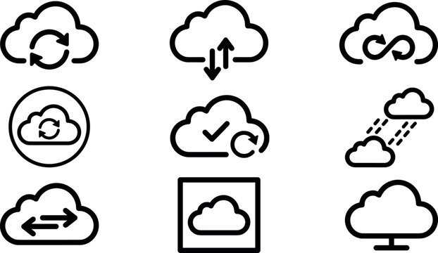 Collection of cloud computing line icons representing digital data synchronization server hosting storage connection and web infrastructure