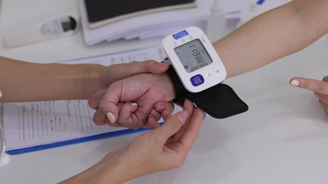 Female doctor measuring a patient's blood pressure and pulse rate with an automatic digital tonometer during a medical checkup in a hospital.
