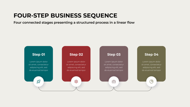 Four Step Business Process Infographic with Connected Rounded Cards for Project Planning, Sequential Stages and Presentation on Light Background