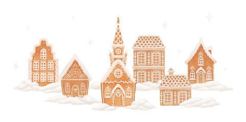 Fototapeta premium Christmas Winter Village with Church and Snowy Gingerbread Houses, Vector Rural Holiday Landscape