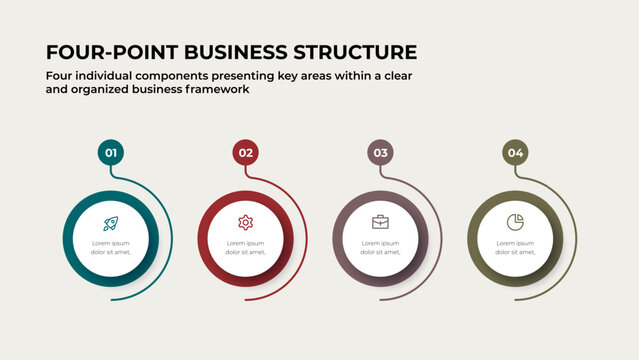 Four Point Business Structure Infographic with Circular Outline Elements for Strategic Planning, Organization and Presentation
