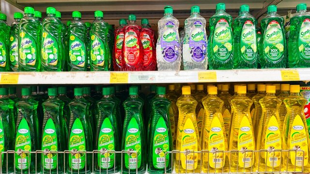 Malaysia Kuala Terengganu 24 October 2026: Sunlight brand dishwashing soap packaged in bottles at the supermarket. Display of Sunlight dishwashing liquid bottles 