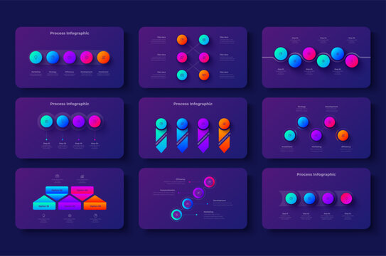 Dark Gradient Infographic Set with Process, Flowchart, Timeline, Circle, Radial, Network and Business Workflow Diagrams